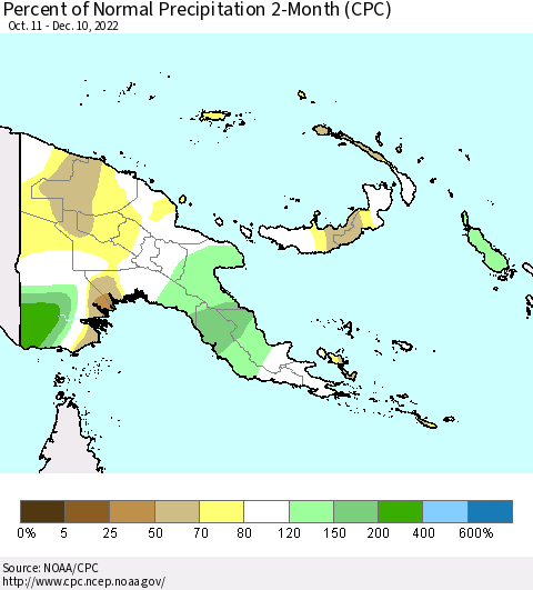 Papua New Guinea Percent of Normal Precipitation 2-Month (CPC) Thematic Map For 10/11/2022 - 12/10/2022