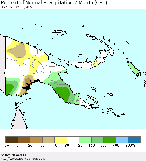 Papua New Guinea Percent of Normal Precipitation 2-Month (CPC) Thematic Map For 10/16/2022 - 12/15/2022