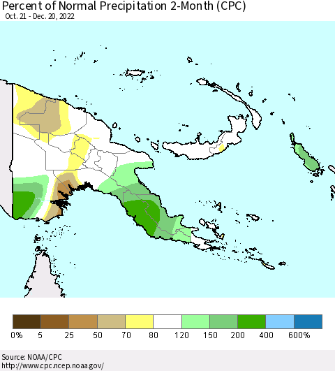 Papua New Guinea Percent of Normal Precipitation 2-Month (CPC) Thematic Map For 10/21/2022 - 12/20/2022
