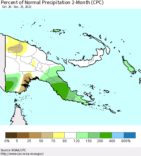 Papua New Guinea Percent of Normal Precipitation 2-Month (CPC) Thematic Map For 10/26/2022 - 12/25/2022