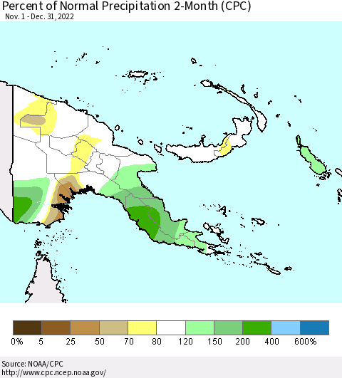 Papua New Guinea Percent of Normal Precipitation 2-Month (CPC) Thematic Map For 11/1/2022 - 12/31/2022