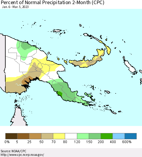 Papua New Guinea Percent of Normal Precipitation 2-Month (CPC) Thematic Map For 1/6/2023 - 3/5/2023