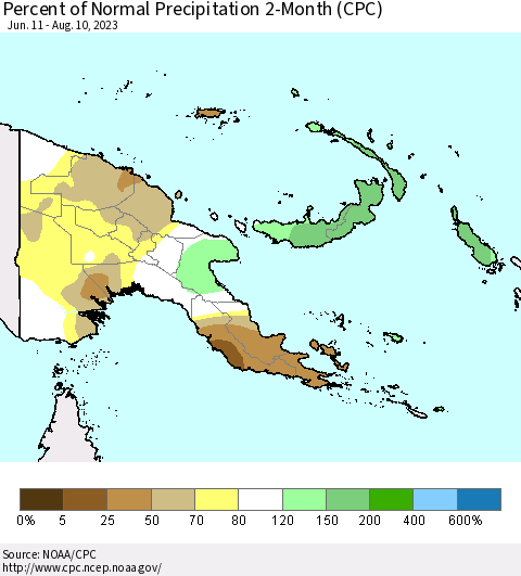 Papua New Guinea Percent of Normal Precipitation 2-Month (CPC) Thematic Map For 6/11/2023 - 8/10/2023