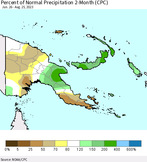 Papua New Guinea Percent of Normal Precipitation 2-Month (CPC) Thematic Map For 6/26/2023 - 8/25/2023