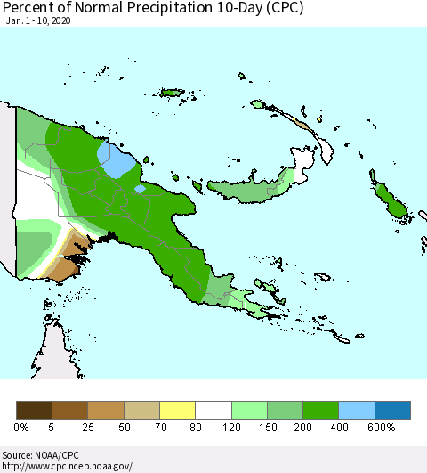 Papua New Guinea Percent of Normal Precipitation 10-Day (CPC) Thematic Map For 1/1/2020 - 1/10/2020