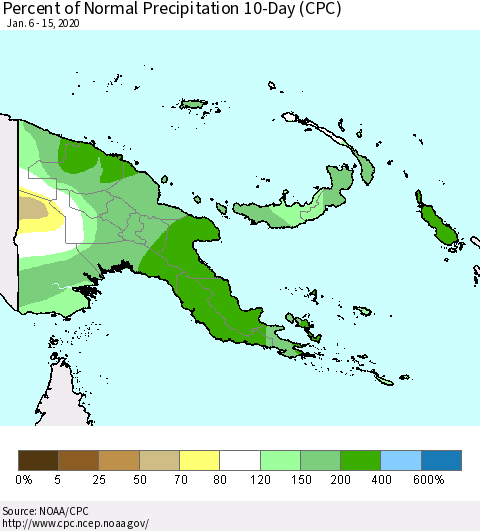 Papua New Guinea Percent of Normal Precipitation 10-Day (CPC) Thematic Map For 1/6/2020 - 1/15/2020
