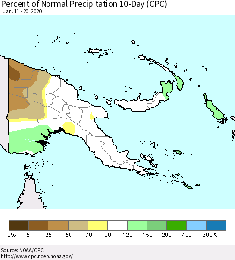 Papua New Guinea Percent of Normal Precipitation 10-Day (CPC) Thematic Map For 1/11/2020 - 1/20/2020