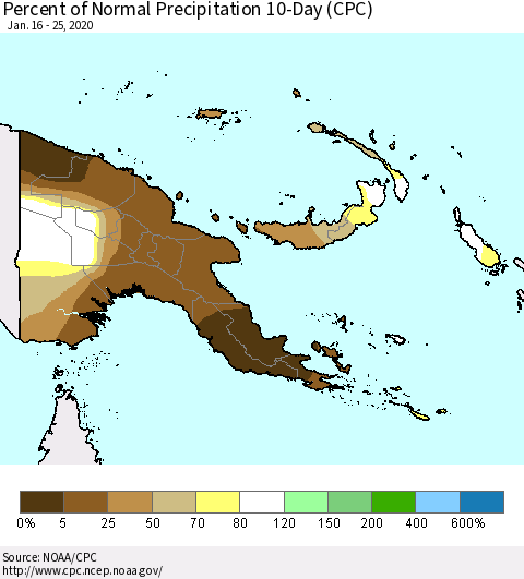 Papua New Guinea Percent of Normal Precipitation 10-Day (CPC) Thematic Map For 1/16/2020 - 1/25/2020