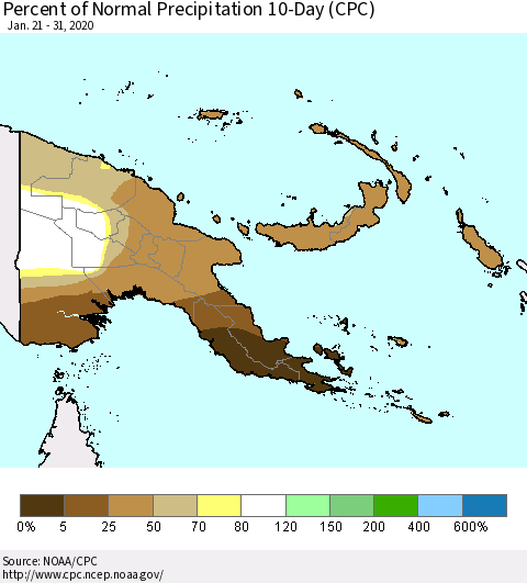 Papua New Guinea Percent of Normal Precipitation 10-Day (CPC) Thematic Map For 1/21/2020 - 1/31/2020
