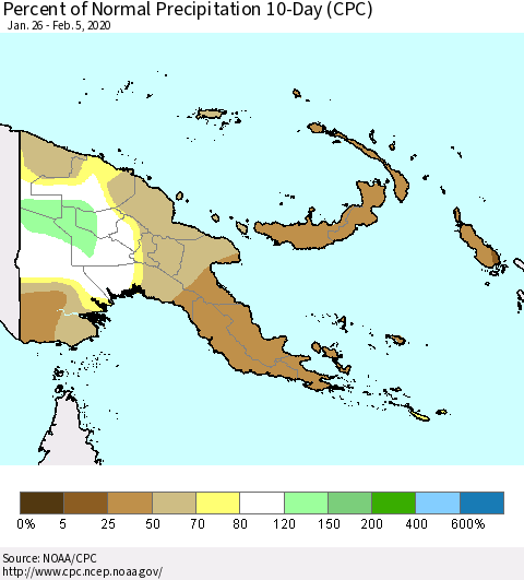 Papua New Guinea Percent of Normal Precipitation 10-Day (CPC) Thematic Map For 1/26/2020 - 2/5/2020