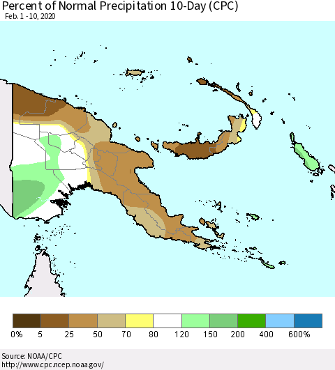 Papua New Guinea Percent of Normal Precipitation 10-Day (CPC) Thematic Map For 2/1/2020 - 2/10/2020