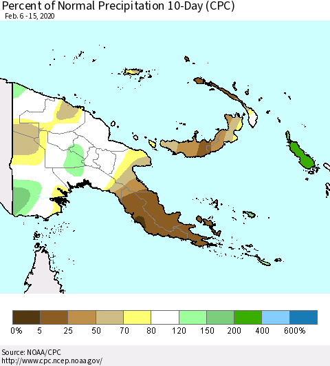 Papua New Guinea Percent of Normal Precipitation 10-Day (CPC) Thematic Map For 2/6/2020 - 2/15/2020