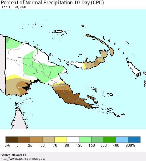 Papua New Guinea Percent of Normal Precipitation 10-Day (CPC) Thematic Map For 2/11/2020 - 2/20/2020