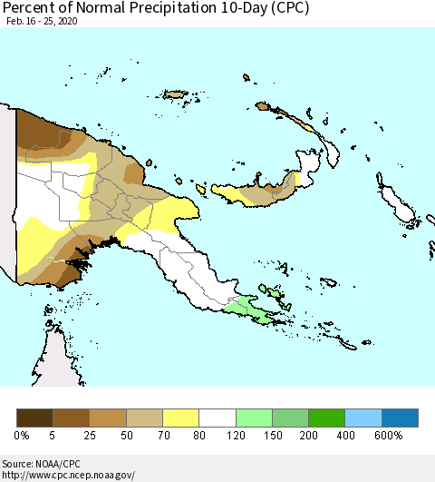 Papua New Guinea Percent of Normal Precipitation 10-Day (CPC) Thematic Map For 2/16/2020 - 2/25/2020