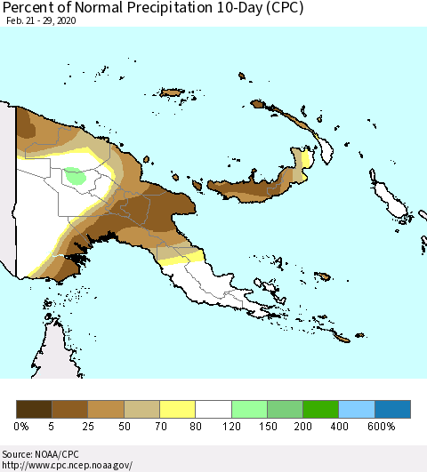 Papua New Guinea Percent of Normal Precipitation 10-Day (CPC) Thematic Map For 2/21/2020 - 2/29/2020