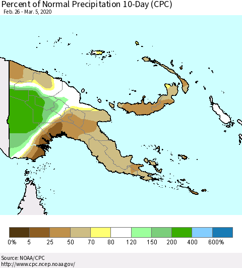 Papua New Guinea Percent of Normal Precipitation 10-Day (CPC) Thematic Map For 2/26/2020 - 3/5/2020