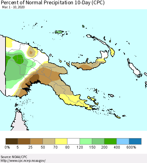 Papua New Guinea Percent of Normal Precipitation 10-Day (CPC) Thematic Map For 3/1/2020 - 3/10/2020