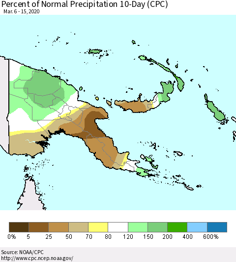 Papua New Guinea Percent of Normal Precipitation 10-Day (CPC) Thematic Map For 3/6/2020 - 3/15/2020
