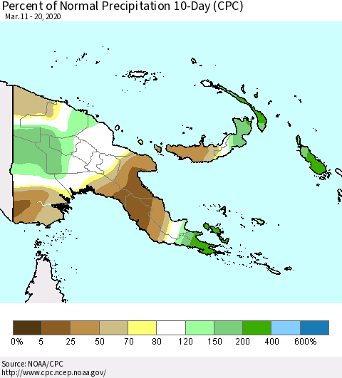 Papua New Guinea Percent of Normal Precipitation 10-Day (CPC) Thematic Map For 3/11/2020 - 3/20/2020