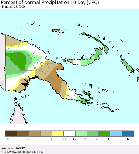 Papua New Guinea Percent of Normal Precipitation 10-Day (CPC) Thematic Map For 3/16/2020 - 3/25/2020