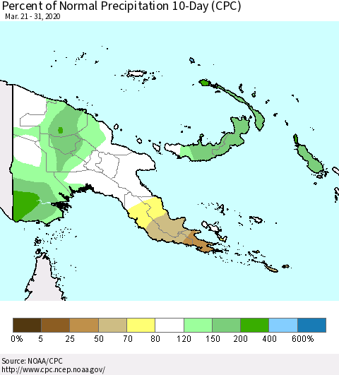 Papua New Guinea Percent of Normal Precipitation 10-Day (CPC) Thematic Map For 3/21/2020 - 3/31/2020