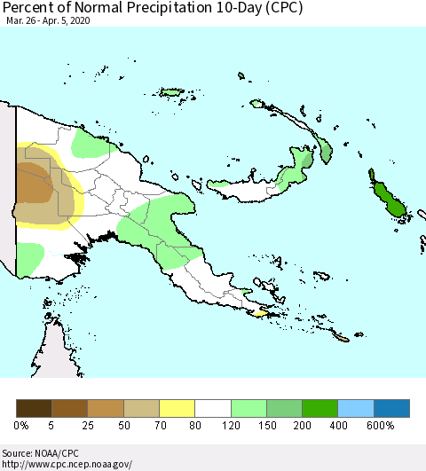 Papua New Guinea Percent of Normal Precipitation 10-Day (CPC) Thematic Map For 3/26/2020 - 4/5/2020