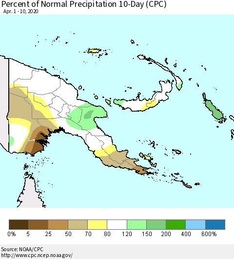 Papua New Guinea Percent of Normal Precipitation 10-Day (CPC) Thematic Map For 4/1/2020 - 4/10/2020