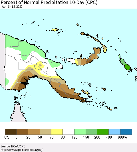 Papua New Guinea Percent of Normal Precipitation 10-Day (CPC) Thematic Map For 4/6/2020 - 4/15/2020