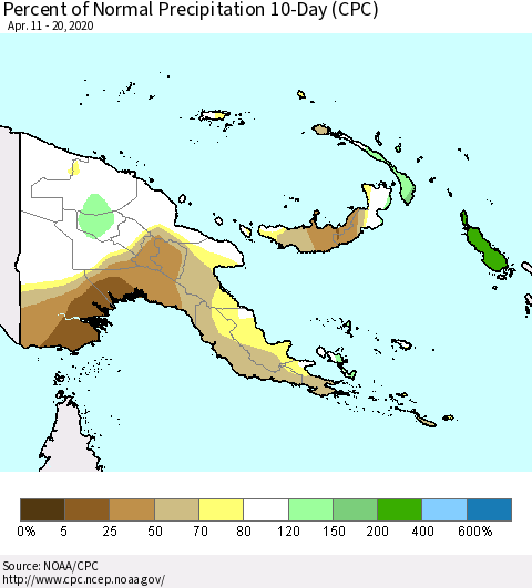 Papua New Guinea Percent of Normal Precipitation 10-Day (CPC) Thematic Map For 4/11/2020 - 4/20/2020