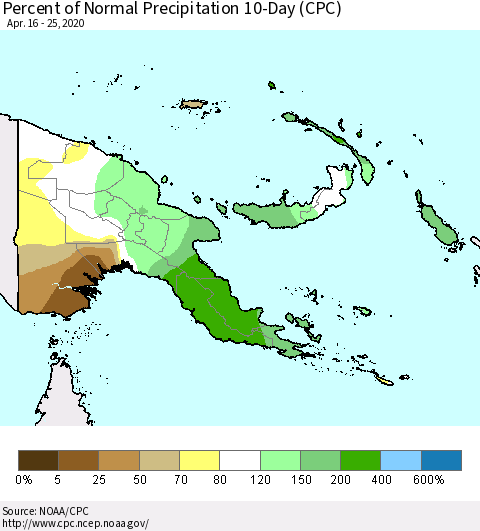 Papua New Guinea Percent of Normal Precipitation 10-Day (CPC) Thematic Map For 4/16/2020 - 4/25/2020