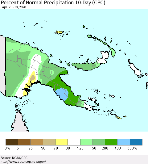 Papua New Guinea Percent of Normal Precipitation 10-Day (CPC) Thematic Map For 4/21/2020 - 4/30/2020
