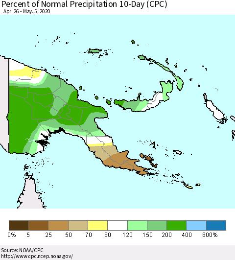 Papua New Guinea Percent of Normal Precipitation 10-Day (CPC) Thematic Map For 4/26/2020 - 5/5/2020