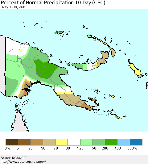 Papua New Guinea Percent of Normal Precipitation 10-Day (CPC) Thematic Map For 5/1/2020 - 5/10/2020