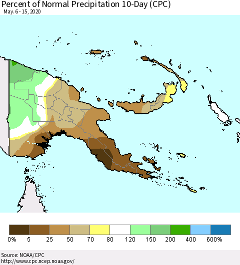 Papua New Guinea Percent of Normal Precipitation 10-Day (CPC) Thematic Map For 5/6/2020 - 5/15/2020