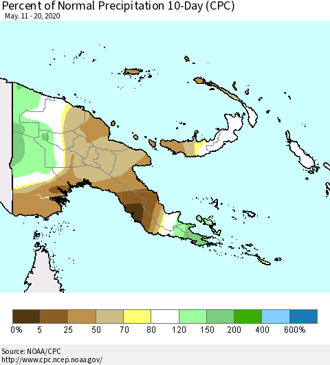 Papua New Guinea Percent of Normal Precipitation 10-Day (CPC) Thematic Map For 5/11/2020 - 5/20/2020