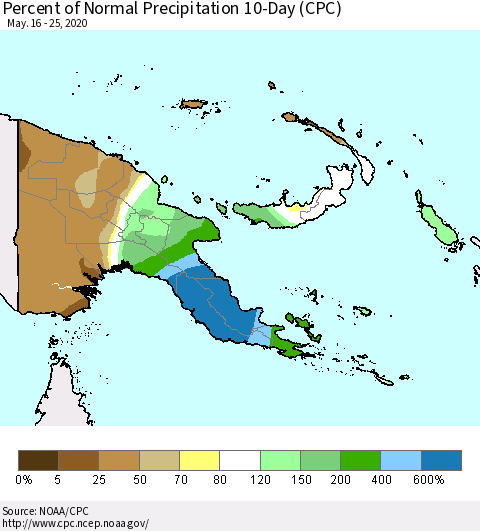 Papua New Guinea Percent of Normal Precipitation 10-Day (CPC) Thematic Map For 5/16/2020 - 5/25/2020