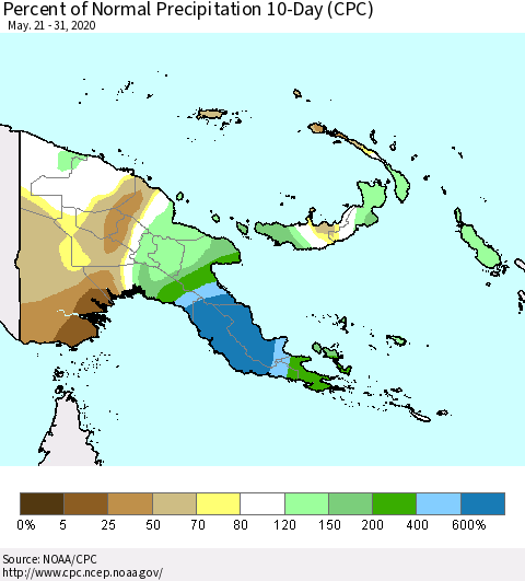 Papua New Guinea Percent of Normal Precipitation 10-Day (CPC) Thematic Map For 5/21/2020 - 5/31/2020