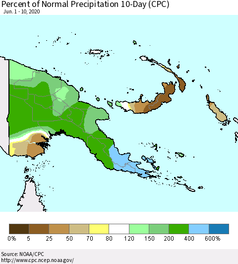Papua New Guinea Percent of Normal Precipitation 10-Day (CPC) Thematic Map For 6/1/2020 - 6/10/2020