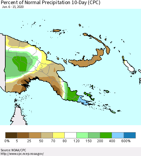 Papua New Guinea Percent of Normal Precipitation 10-Day (CPC) Thematic Map For 6/6/2020 - 6/15/2020