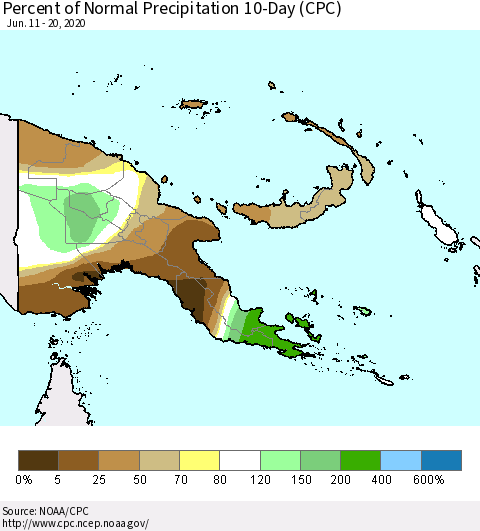 Papua New Guinea Percent of Normal Precipitation 10-Day (CPC) Thematic Map For 6/11/2020 - 6/20/2020