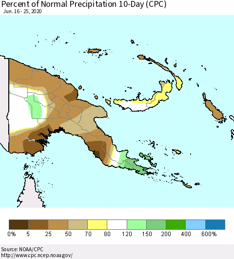 Papua New Guinea Percent of Normal Precipitation 10-Day (CPC) Thematic Map For 6/16/2020 - 6/25/2020