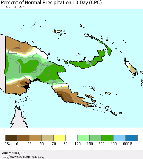 Papua New Guinea Percent of Normal Precipitation 10-Day (CPC) Thematic Map For 6/21/2020 - 6/30/2020