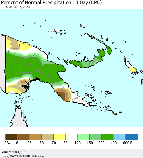Papua New Guinea Percent of Normal Precipitation 10-Day (CPC) Thematic Map For 6/26/2020 - 7/5/2020
