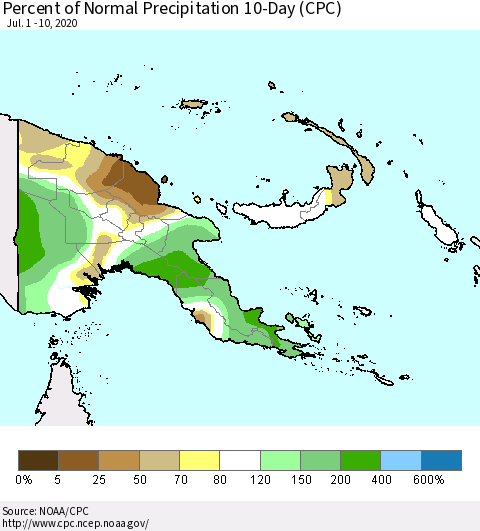 Papua New Guinea Percent of Normal Precipitation 10-Day (CPC) Thematic Map For 7/1/2020 - 7/10/2020