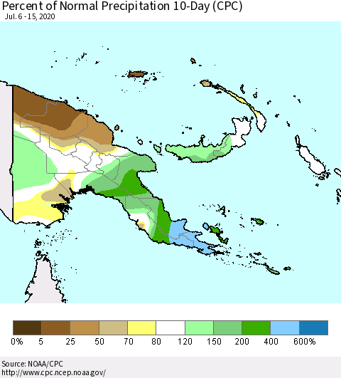 Papua New Guinea Percent of Normal Precipitation 10-Day (CPC) Thematic Map For 7/6/2020 - 7/15/2020