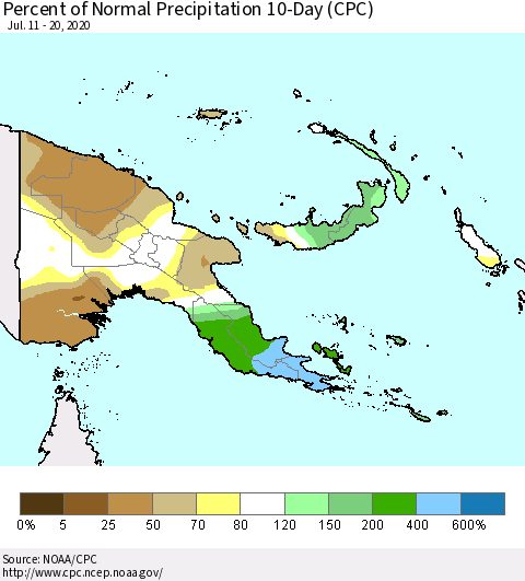Papua New Guinea Percent of Normal Precipitation 10-Day (CPC) Thematic Map For 7/11/2020 - 7/20/2020