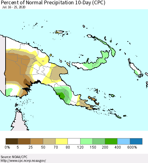 Papua New Guinea Percent of Normal Precipitation 10-Day (CPC) Thematic Map For 7/16/2020 - 7/25/2020