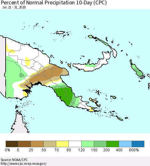 Papua New Guinea Percent of Normal Precipitation 10-Day (CPC) Thematic Map For 7/21/2020 - 7/31/2020