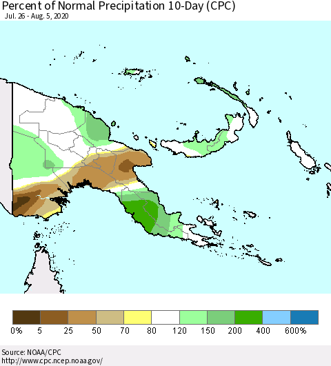 Papua New Guinea Percent of Normal Precipitation 10-Day (CPC) Thematic Map For 7/26/2020 - 8/5/2020