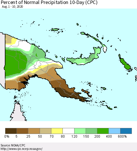 Papua New Guinea Percent of Normal Precipitation 10-Day (CPC) Thematic Map For 8/1/2020 - 8/10/2020